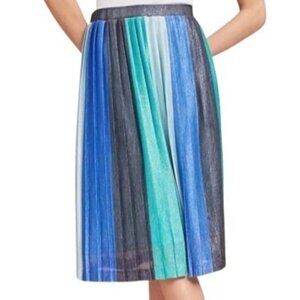 Anthropologie Maeve Womens Pleated Midi Skirt Blue Sunburst Metallic Stripe XXS